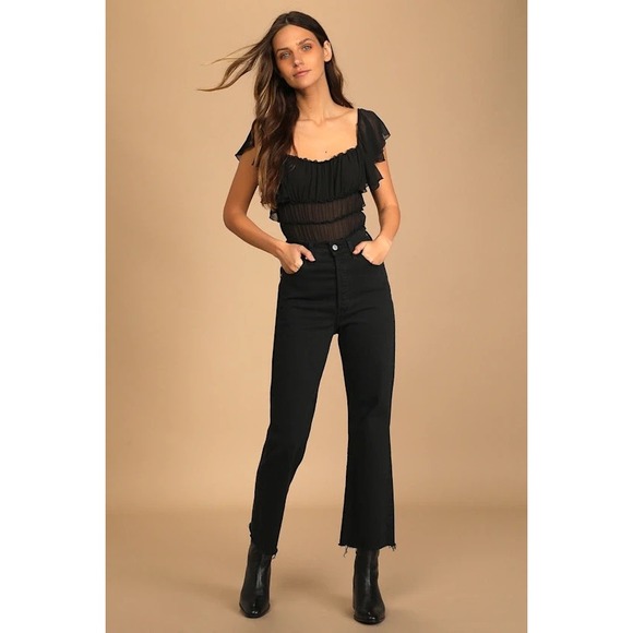 Intimately Free People Juliet Ruffle Bodysuit Women Sz M Black Sheer Square Neck - Picture 2 of 14